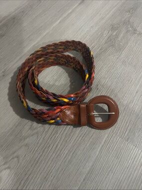 Braided Brown Leather Belt with Multicolor Accents